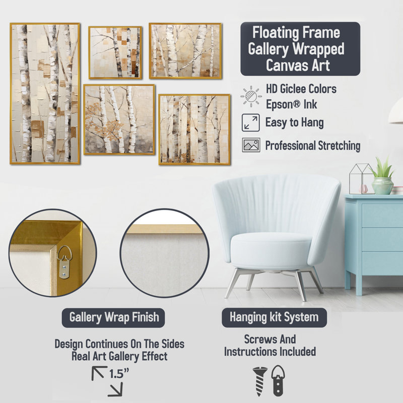 Ensemble de 5 décorations murales beige bouleau I - arbre bouleau, Cadre flottant blanc