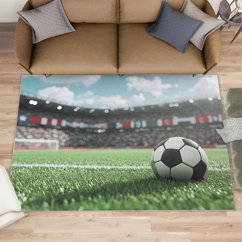 Soccer Field Area Rug, Washable Non-Slip Sports Theme Carpet, Foldable Faux Cashmere Rug for Bedroom, Living Room, or Entryway