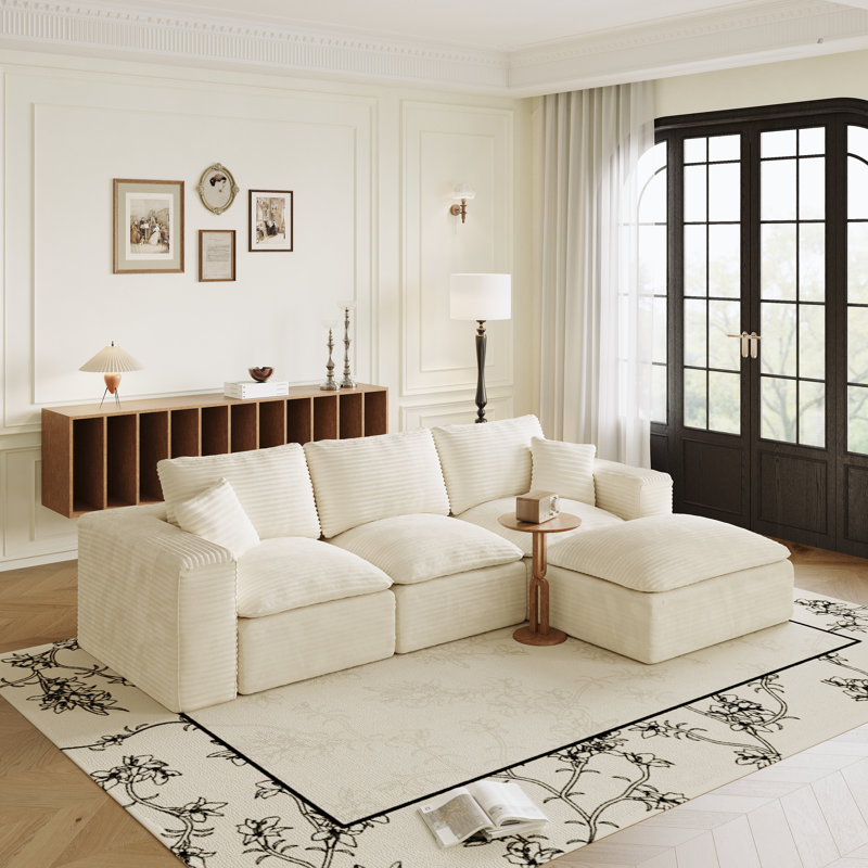 Aurora L-Shaped Upholstered Sectional Sofa with Ottoman & Pillows, Beige Corduroy