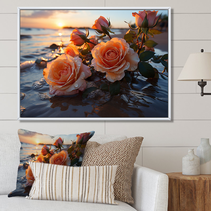 Magnifique coucher de soleil sur la plage de l'océan rose II - Rose, Cadre flottant brun, H 16 po x l 32 po x P 1 po