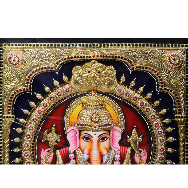 Lord Ganpati assis | Couleurs traditionnelles avec or 24 carats | Avec cadre | Or et bois | Fait à la main