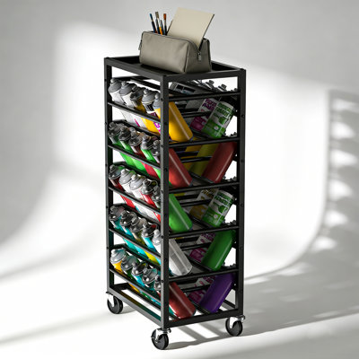 50-Can Rolling Spray Paint Rack Organizer, Heavy-Duty Double-Sided Aerosol Storage Cart with Locking Wheels & Top Tray