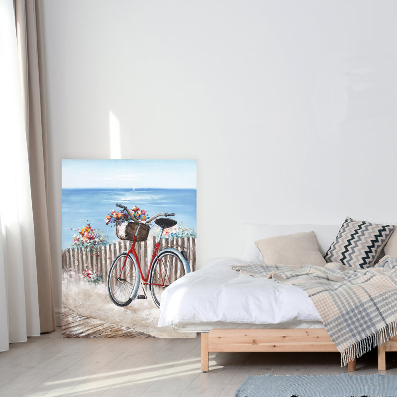 Le vélo sur la plage - peinture sur toile tendue, H 48 po x l 36 po x P 1,5 po