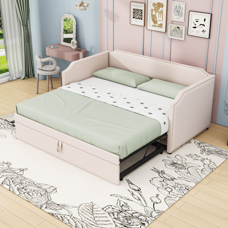 Twin Upholstered Daybed with Twin Trundle and Slats, Beige