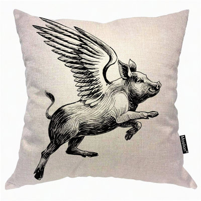 Vintage Flying Piggy Pillow Cover - Ink Decorative Throw Pillow Case with Wings to The Sky Design - Square Accent Cotton Linen Home Decor