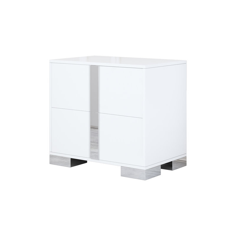 Glam Mirrored Nightstand with 2 Drawers & Elegant Metal Legs, Modern Reflective Bedside Table for Bedroom or Living Room, Space-Enhancing Accent Cabinet, 23.3" White/Silver Finish