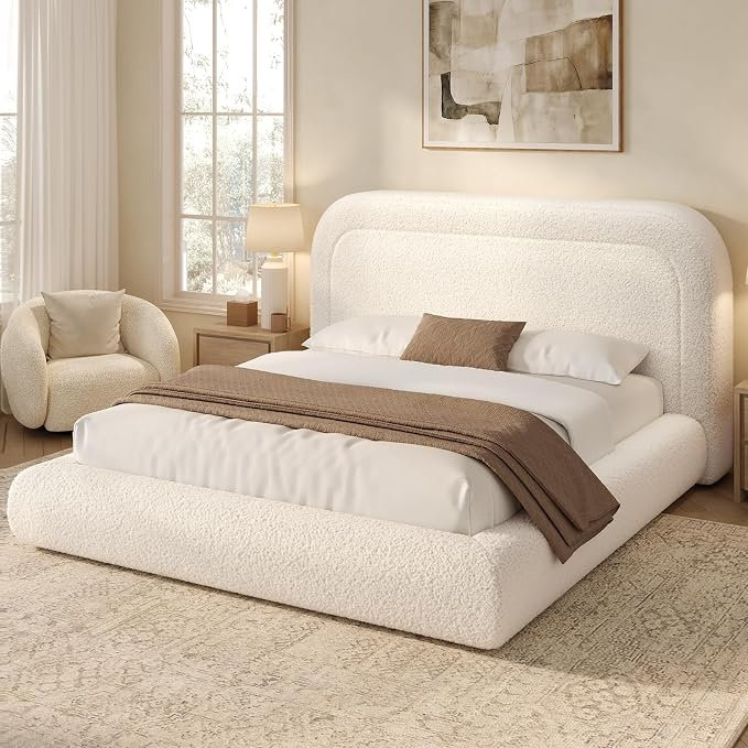 Structure de lit Cloud avec tête de lit 5,9 po, lit plateforme tapissier avec courbe arrondie pour les jeunes adultes, les enfants et les familles d'animaux, coussin en mousse de 5 pouces, sans sommier, assemblage facile en 15 minutes