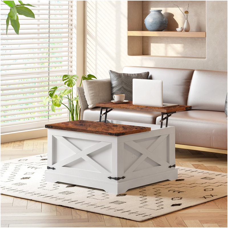 Table basse, table de salle à manger multifonctionnelle, table basse à plateau relevable, table centrale carrée en bois avec compartiments cachés pour le salon, 31,5 po x 31,5 po, blanc rétro