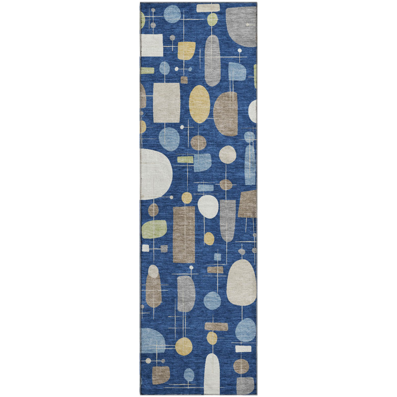 Premium Machine Washable Mayfield AMF2393 Geometric Rug, 2'3" x 7'6" Runner, Navy