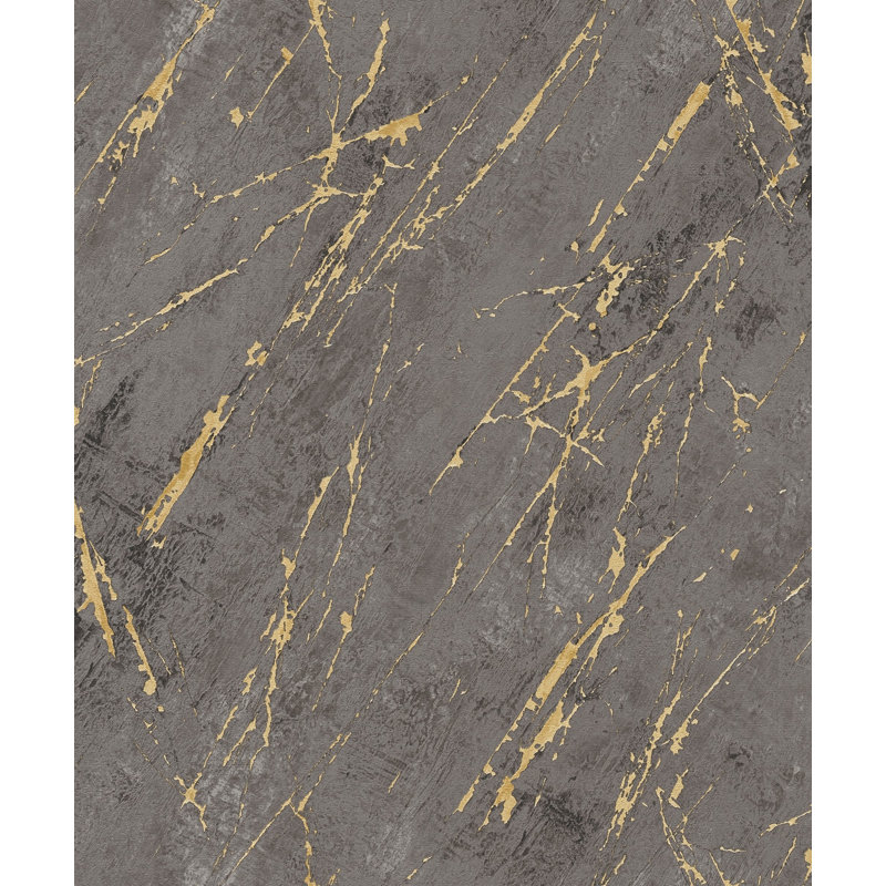 Bricks and More Collection Metallic Marble Motif Wallpaper Roll, Black/Gold