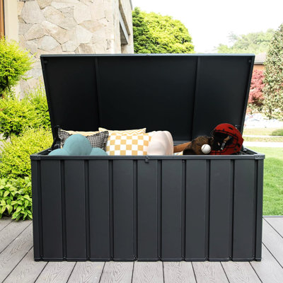 150 Gallon Deck Box For Outdoor - Waterproof, Lockable, Stores Towels  Dark Gray Waterproof Container Gal Pillows