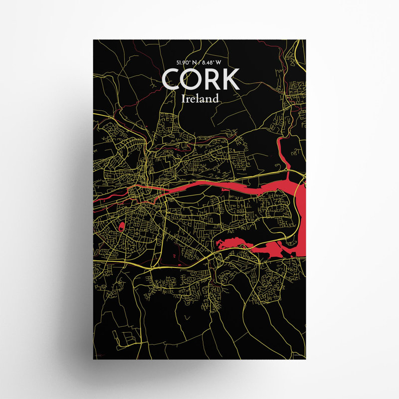 Cork City Map, impression, H 36 po x l 24 po, Noir / rouge / jaune