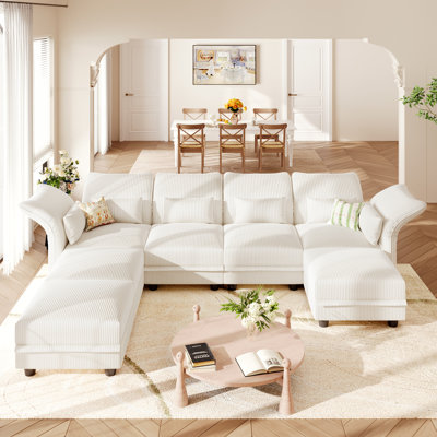 Canapé modulaire rembourré en U avec rangement, canapé à 7 places en velours côtelé avec dossier à accoudoirs réglables, coussins de soutien moelleux, beige