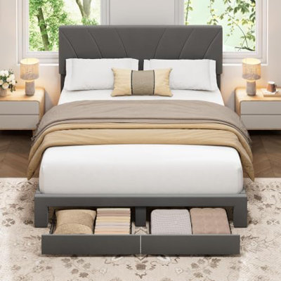 Queen Bed Frame with 2 Drawers, Velvet Upholstered, Adjustable Headboard