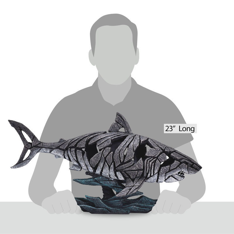 Hand-Painted Resin Shark Sculpture with Wave Base, 12.2 Inch