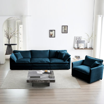 3 Upholstered For Living Room - Modern Blue Sectional With Wood Frame And High Chenille Fabric Furniture Stylish Comfortable