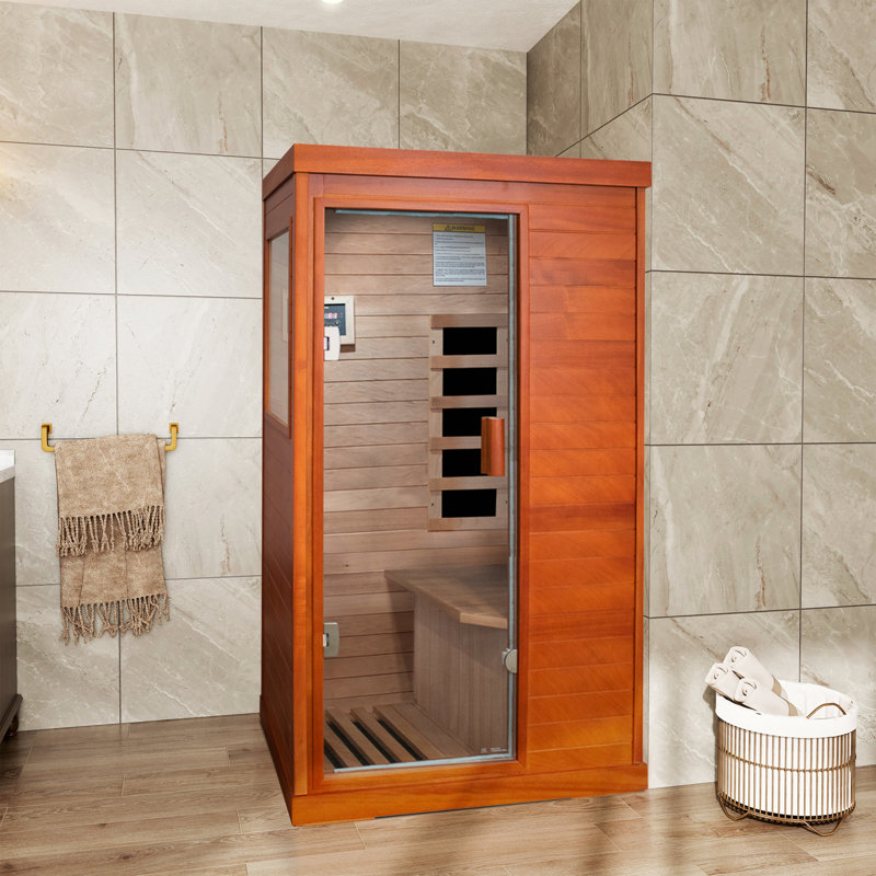 Sauna infrarouge en bois massif Eulen pour 1 personne avec Bluetooth, éclairage ambiant et chauffe-pieds