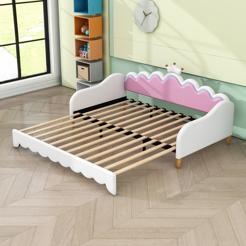 Twin Modern Upholstered LED Daybed with Crown Headboard and Extendable Frame, White