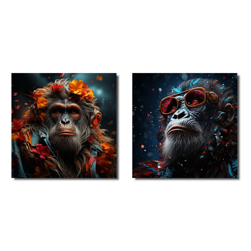 Portrait d'orang-outan à la mode - animaux, ensemble de 2 collages carrés orang-outan, Toile tendue, H 16 po x l 33 po