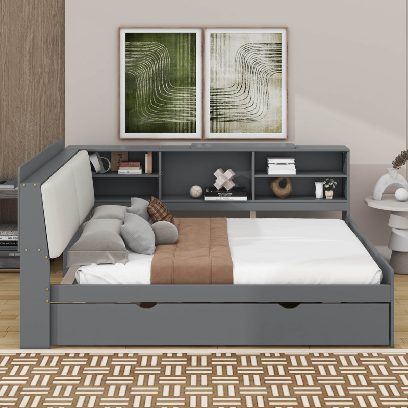 Lit plateforme double avec tablettes, lit gigogne et tête de lit, Gris / Blanc