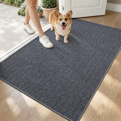 Tapis d'entrée mince pour porte d'entrée 32 po x 48 po, tapis d'entrée antidérapant, paillasson à profil bas, tapis à chevrons unique pour l'intérieur, patio, porche, gris marine