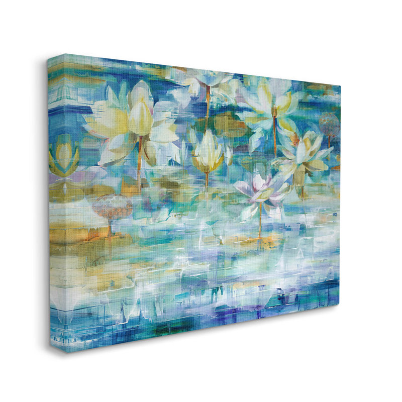 «Lotus Water Lilies Modern Pond» par Liz Jardine - peinture sur toile tendue, H 30 po x l 40 po x P 1,5 po
