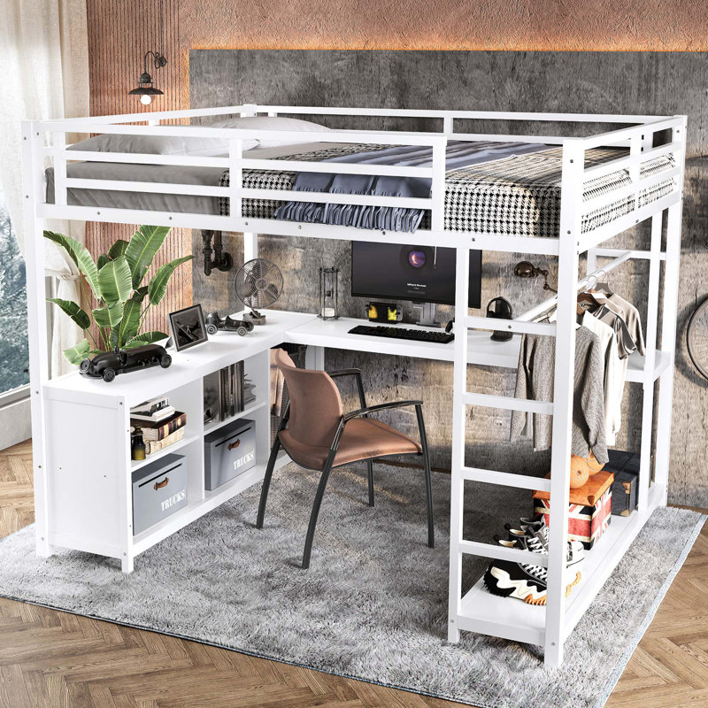 Lit mezzanine moderne en métal avec garde-robe intégré et bureau en L