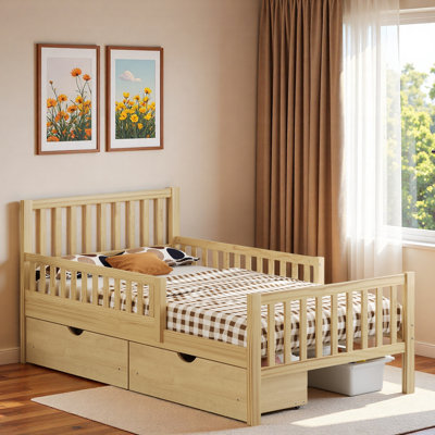 Wood Platform Bed With Guardrails And 2 Storage Drawers