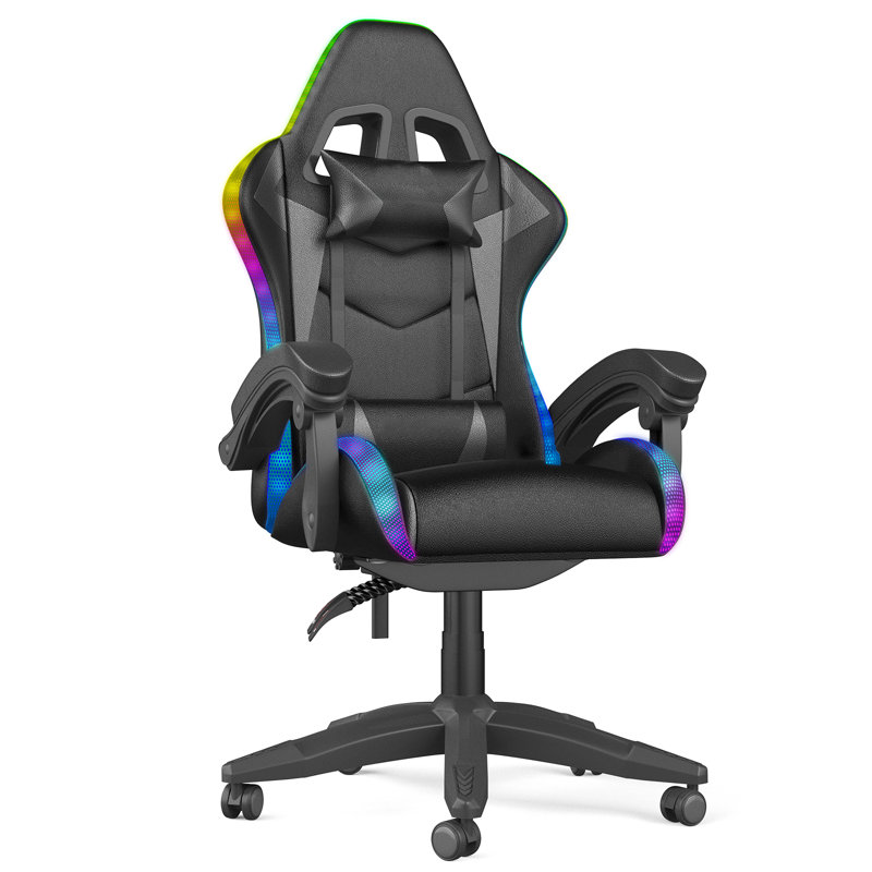 Reclining Gaming Chair with LED Lights and Headrest, Black
