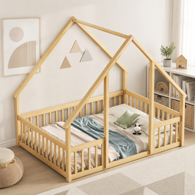 Full Size Solid Wood House-Shaped Floor Bed For Toddler Bed Transition with Fence, No Door Included
