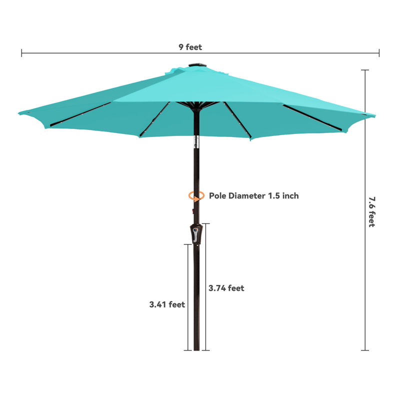 Parasol de marché avec manivelle Beka, Bleu paon, H 91,2 po x l 108 po x P 108 po