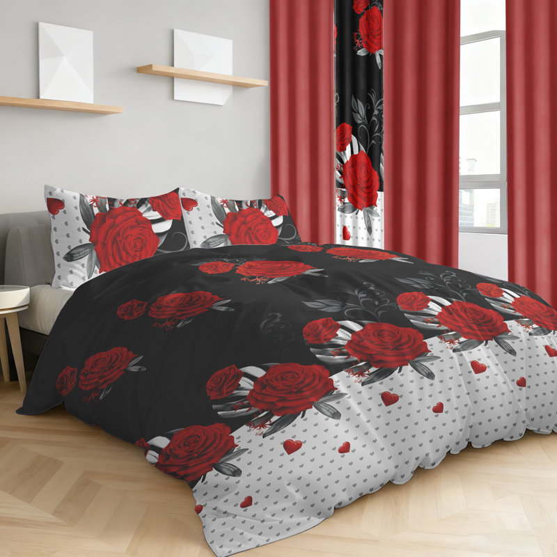 King Size Comforter Set 9 Pieces, All Season Luxury Bed in a Bag for Bedroom, With Matching Curtains, Soft Microfiber, Red Peony