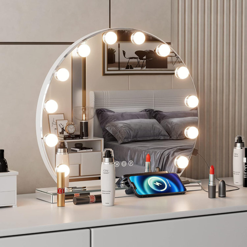 Makeup Mirror with 3 Color Lights, Vanity mirror with 12 dimmable LED Bulb, Large Light Round Mirror, 50 cm H x 50 cm W