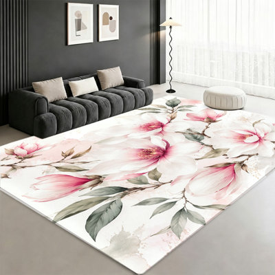 Tapis floral de style rétro, motif de magnolia rose blanc, design artistique, tapis antidérapant lavable à la machine, décoration intérieure élégante pour le salon, la chambre à coucher, le vestibule, la porte d'entrée, la cuisine, le balcon et l'appartement