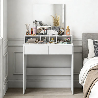 Meuble-lavabo moderne avec grand miroir sans cuivre, 2 tiroirs et 3 compartiments, conception anti-basculement et élégante pour la chambre à coucher
