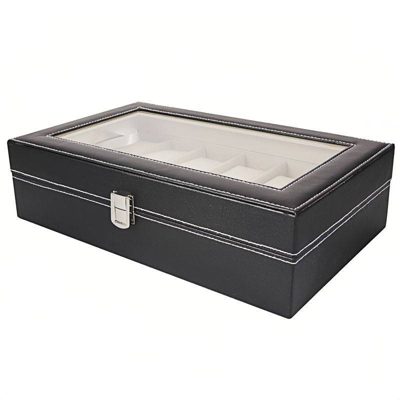 Boîte de rangement pour montre en cuir noir avec 10 compartiments, 12 montres, 3,1 po x 11,81 po x 7,87 po