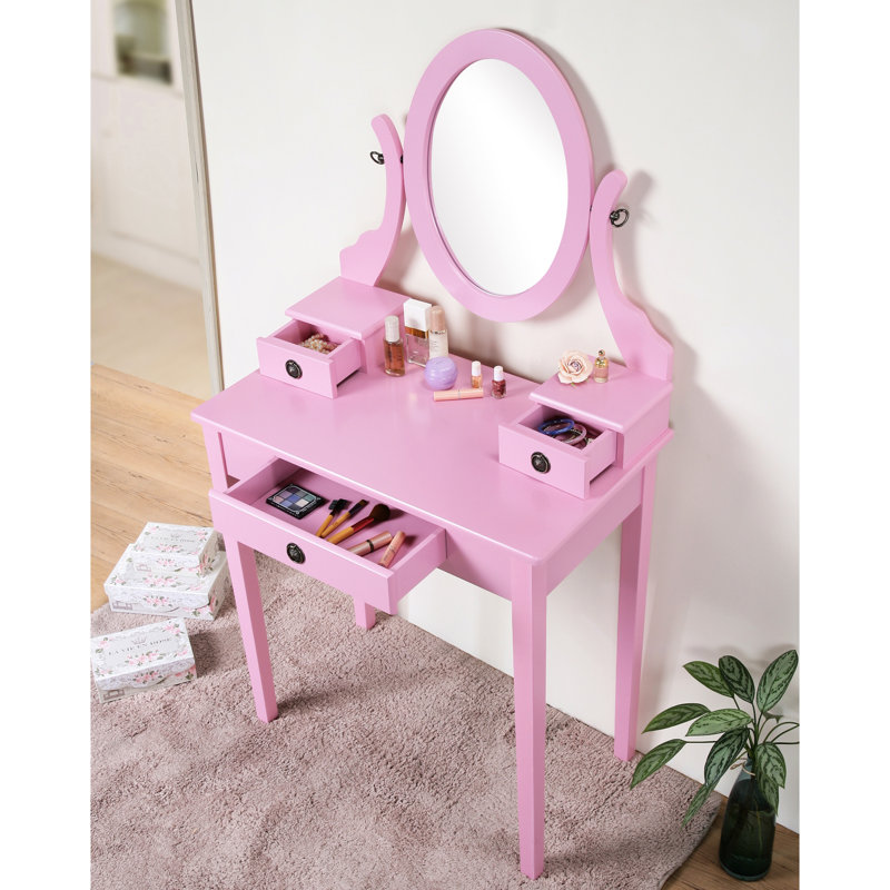 Chic Pink Vanity Desk - 3 Drawer Storage, Adjustable Mirror, Wood Construction And Stool Drawers, Oval Fashionable, Shine
