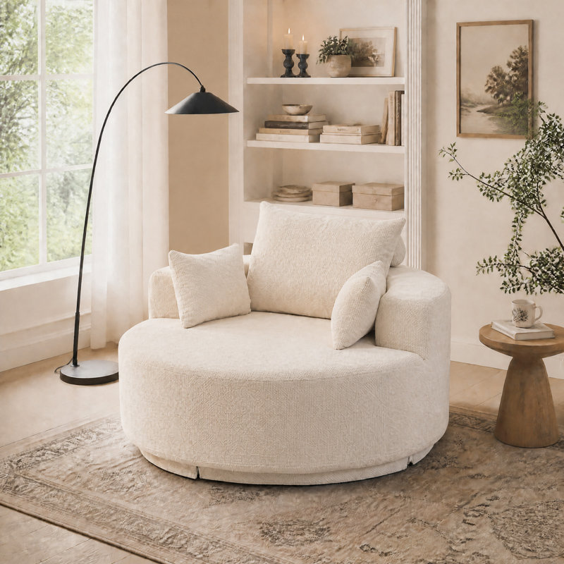 Fauteuil rond à compression de 55 po avec dossier rembourré et assise profonde, Beige