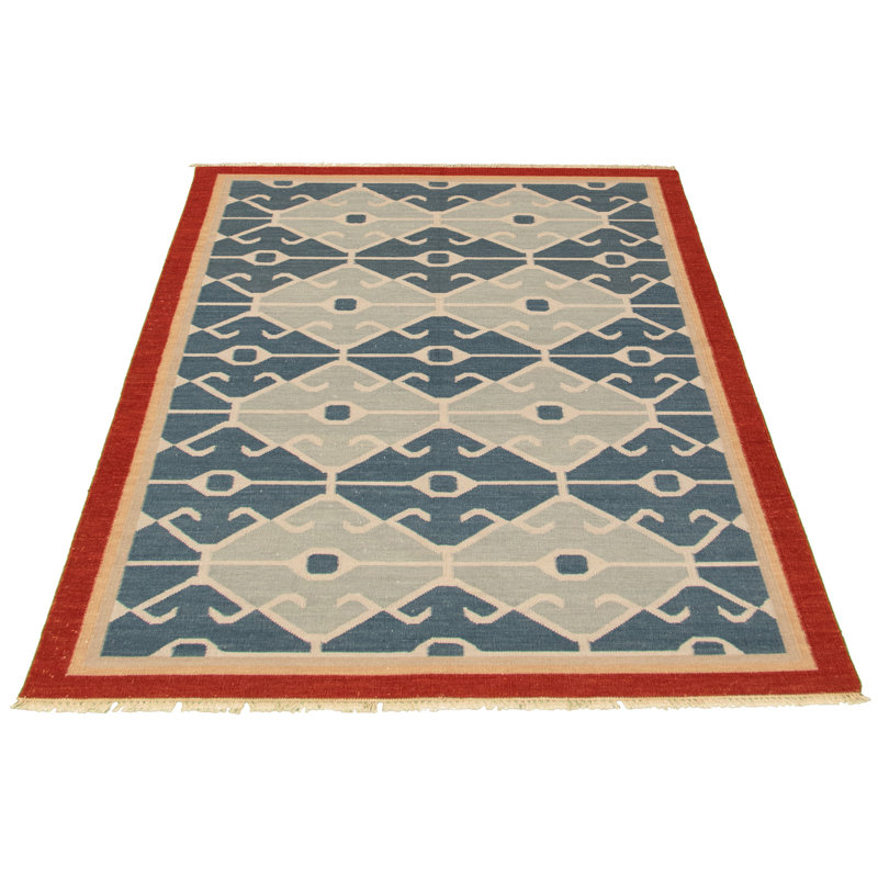 Tapis bleu foncé en laine tissé à plat à la main Straitson, Rectangle 5 pi 3 po x 7 pi 10 po