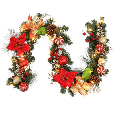 Guirlande de Noël 6 pieds, guirlande de Noël pré-éclairée avec 20 lumières, guirlande de Noël éclairée à piles avec fausses boules de pommes de pin et boules de Noël pour le porche de la table de cheminée, or rouge