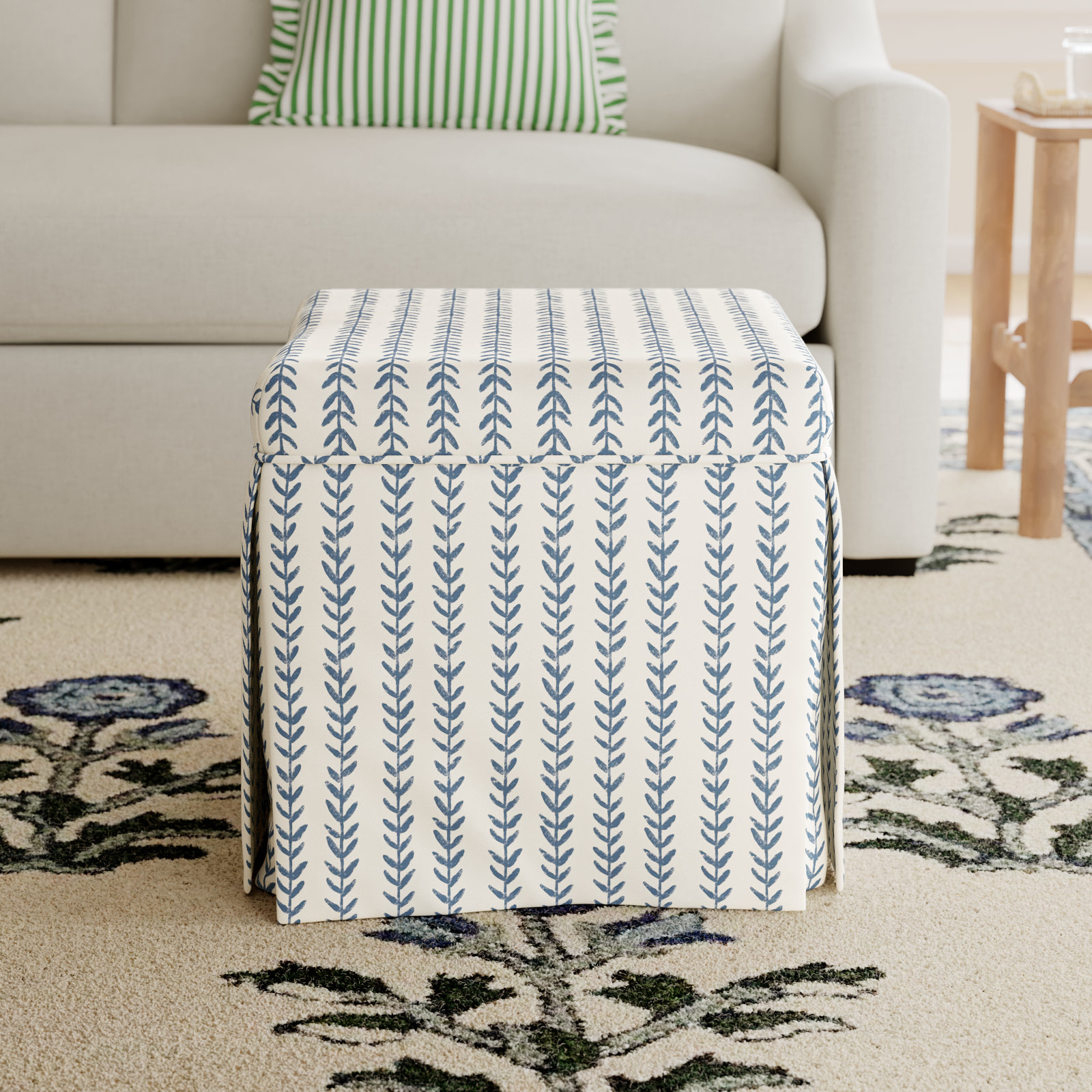 Jebb Upholstered Storage Ottoman, Vine Stripe Dusty Blue