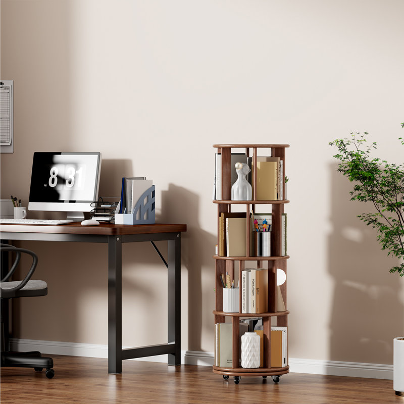 Bibliothèque rotative 100% bois massif sur roulettes, (4 tablettes) H 52,6 po x l 17,3 po x P 17,3 po