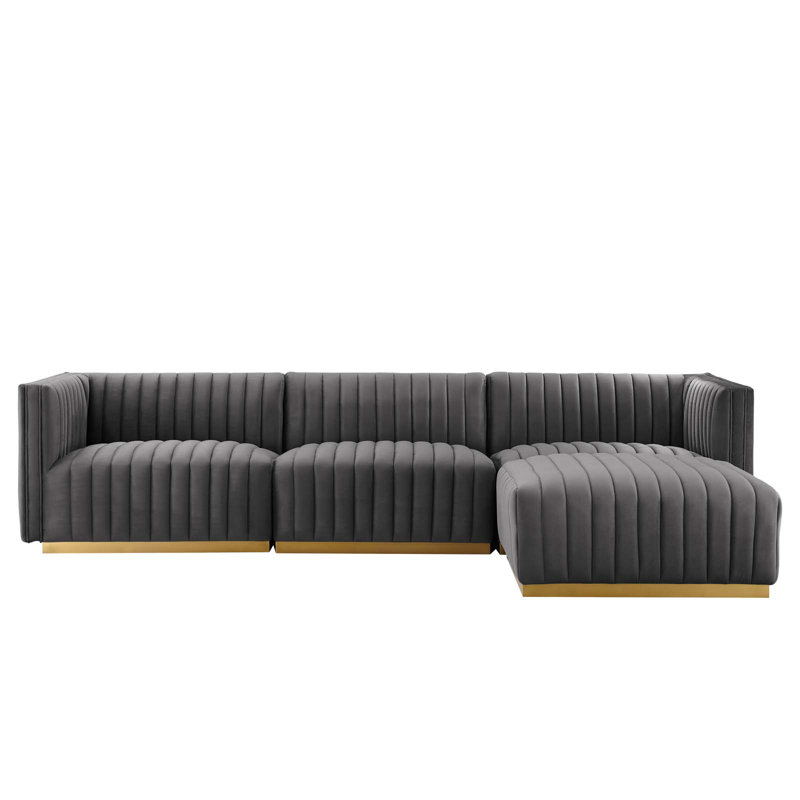 Canapé modulaire 4 pièces Conjure, Velours gris, Doré