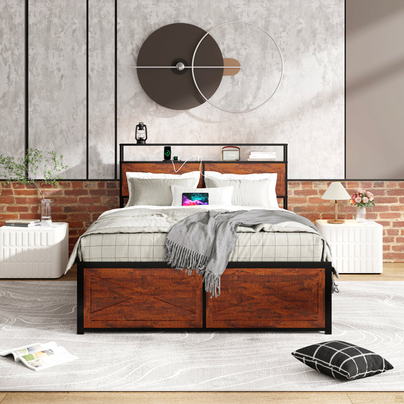 Queen Bed Frame With Storage Headboard And 12 Drawers LED Lights, Metal Platform Non-Slip Without Noise Mattress Foundation Strong Metal Slats