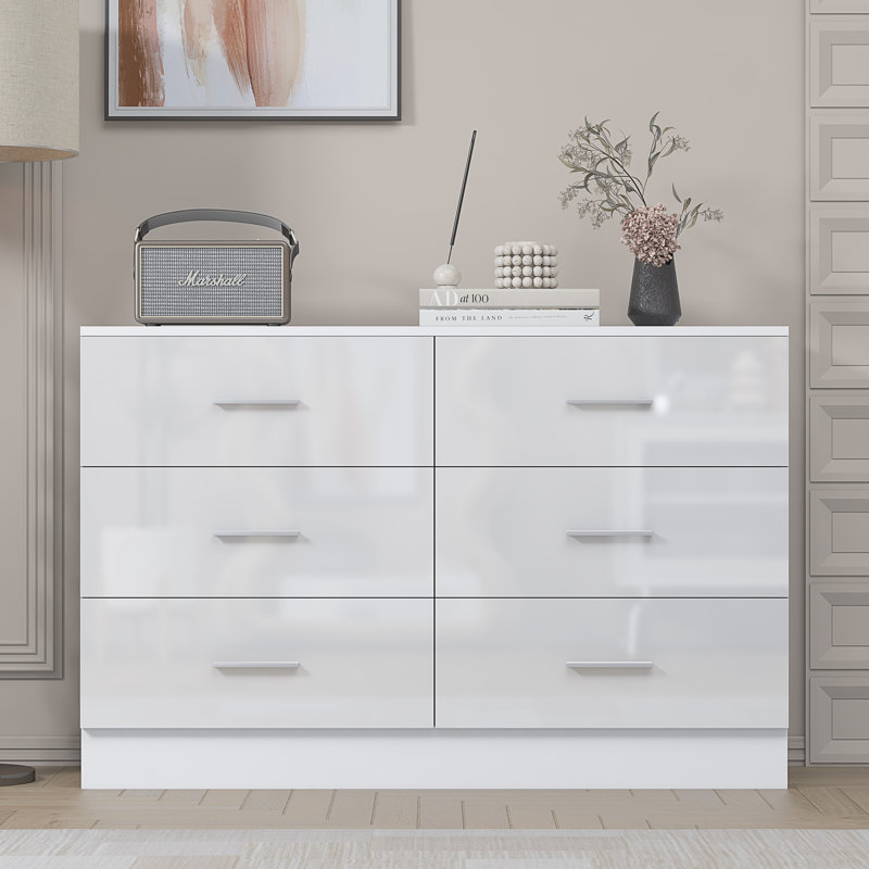 Eva High Gloss 6 Drawer Chest of Drawers - H: 75cm x D: 40cm x W: 112cm, Matte White/Gloss White