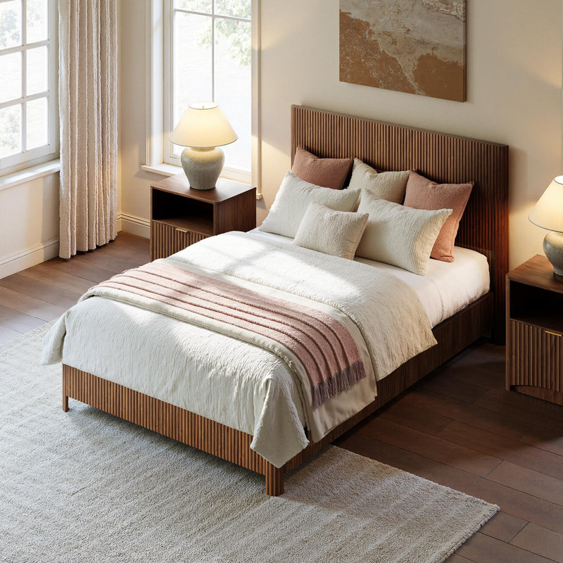 Full Bed Frame With Headboard, Mid Century Modern Fluted Platform Bed, Boho Wooden Bed Base No Box Spring Needed, Full XL