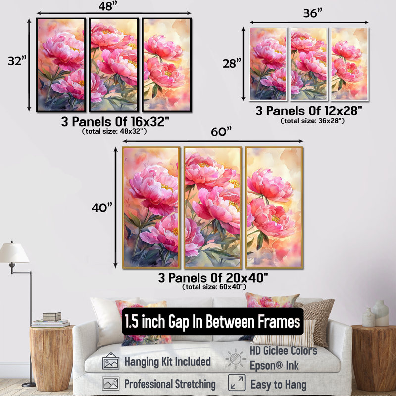 Pivoines au lever du soleil II - art mural pivoines - ensemble de 3, H 40 po x l 60 po, Érable