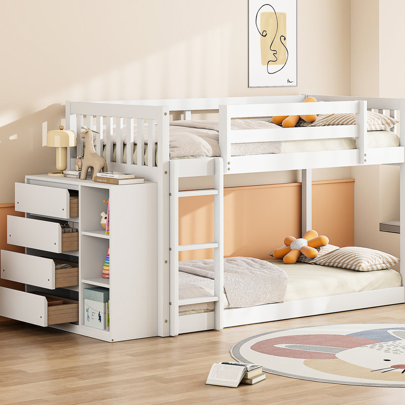 Lit superposé simple en bois massif blanc avec rangement pratique, 4 tiroirs et 3 tablettes - blanc, espace généreux, Blanc