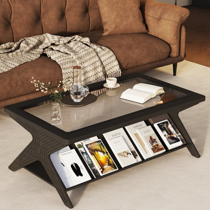 Rectangle Coffee Table With Glass Top & Storage Shelf, Black