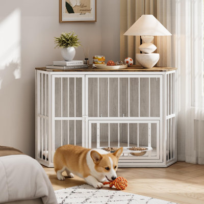 Meuble de 42 po pour cage d'angle, cage intérieure en bois pour chien avec bols rotatifs à 360 °, double porte verrouillable, maisonnette décorative pour petits chiens